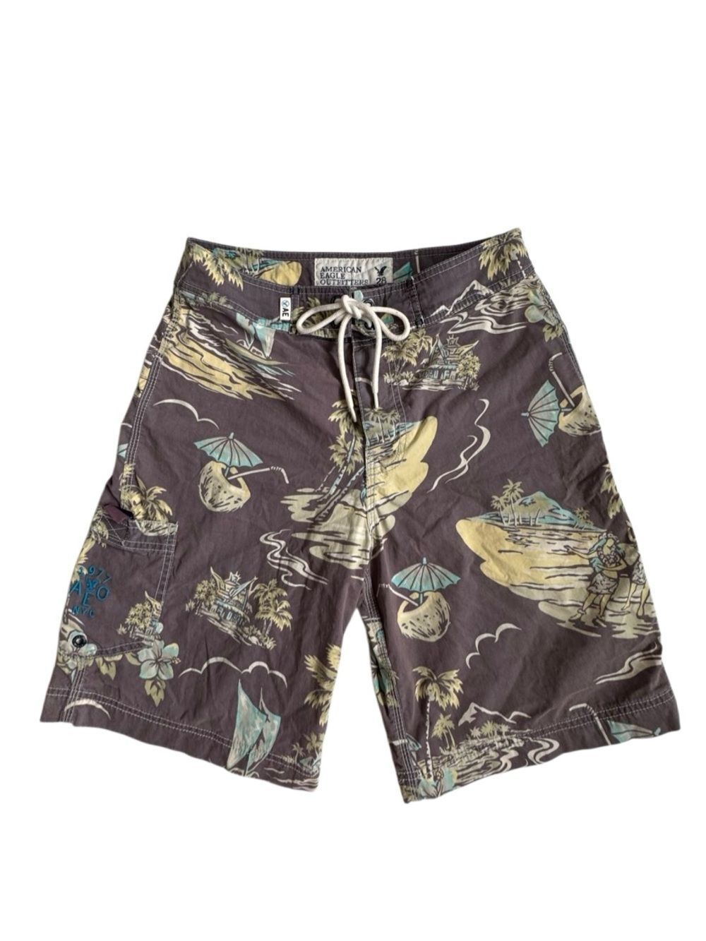 American Eagle Outfitters Brown, Yellow & Teal Tropical Swim Shorts SZ 28